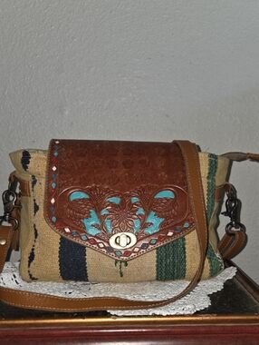 Handcrafted MYRA Brown & Turquoise Crossbody Bag - Boho Leather Accent